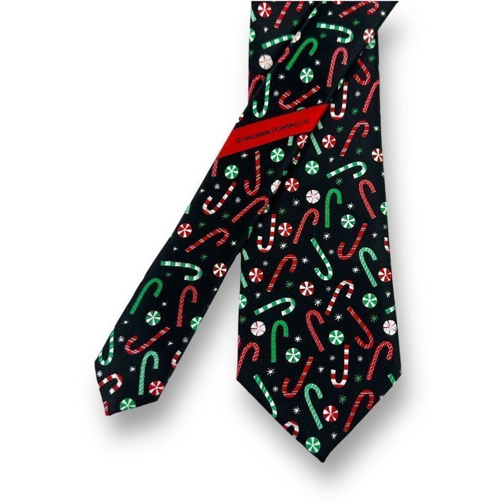 Hallmark Holiday Traditions Neck Tie Candy Canes‎ Black Green Red Ugly Christmas